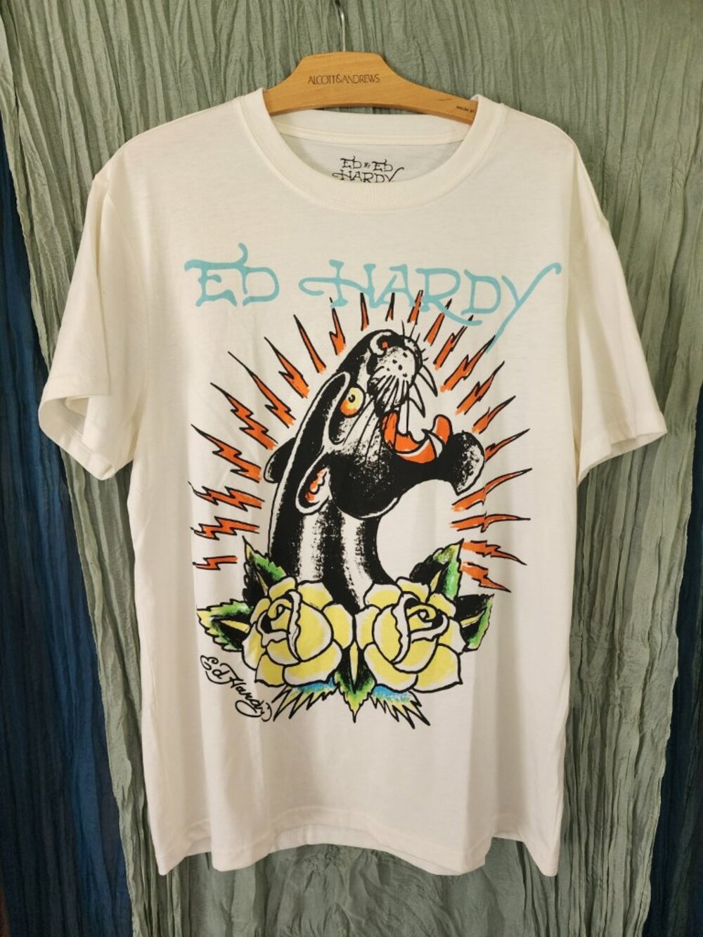 Ed Hardy Panther Roses Ivory Graphic T-Shirt Men’s Medium